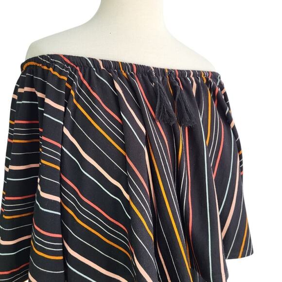 Garnet Hill Off-The-Shoulder Knit Maxi Dress MED Black Stripe Boho Rainbow NEW - Picture 3 of 16